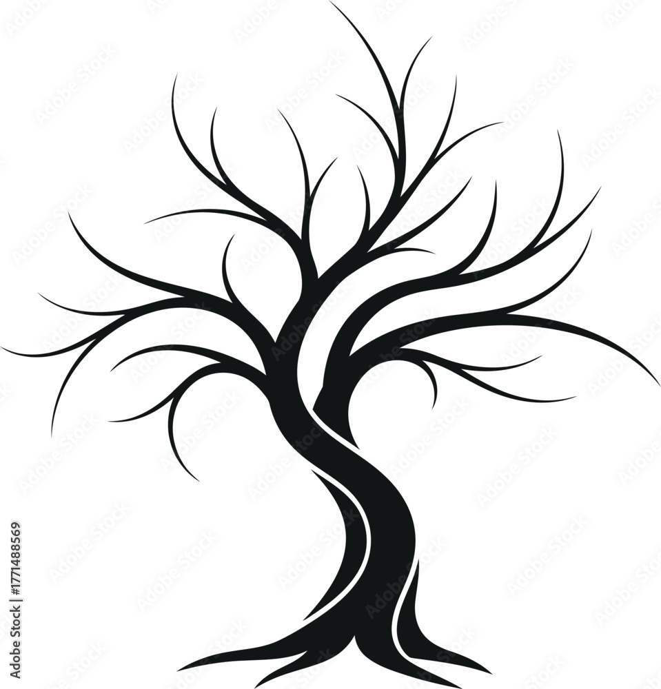 Obraz premium Stylized bare tree silhouette with twisted trunk and branching limbs vector