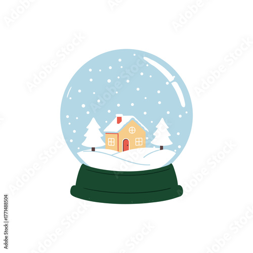 A charming snow globe depicting a cozy house surrounded by snow-covered trees.
