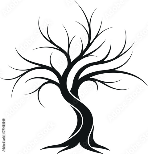 Stylized bare tree silhouette with twisted trunk and branching limbs vector