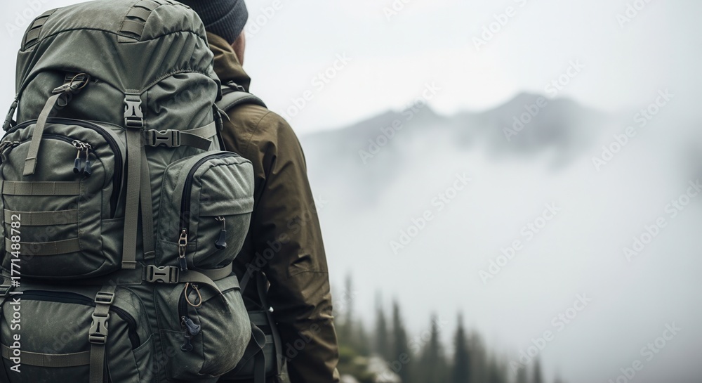 Fototapeta premium Hiker with a large backpack seen from behind in a foggy mountain landscape. Outdoor adventure and exploration concept with copy space for text