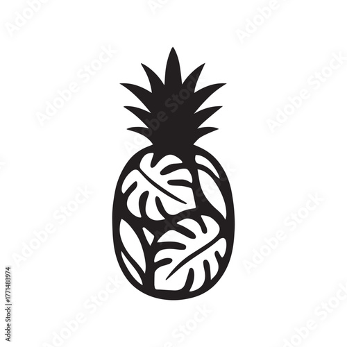 Pineapple Silhouette with Monstera Leaf Pattern – Minimal Vector Tropical Fruit Icon