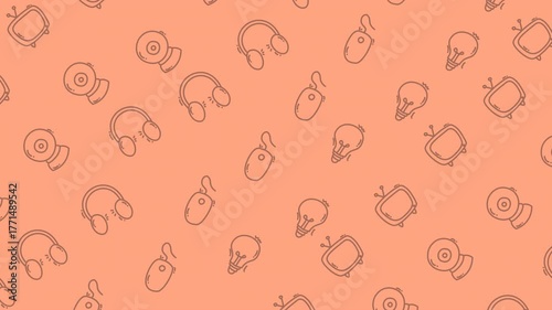 Retro technology wave pattern computer background with vintage floppy disks, cassette tapes, and old cell phones, representing digital evolution and communication history