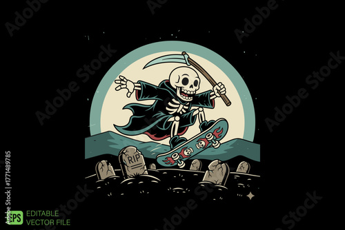 Grim Reaper Skeleton Skateboarding Over Graveyard at Night.