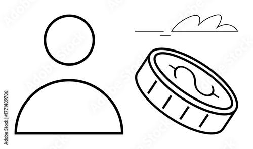 Person outline next to a coin with dollar sign. Ideal for themes thumbs up finance, economy, wealth, investment, decision-making, opportunity, business strategy. Simple flat metaphor