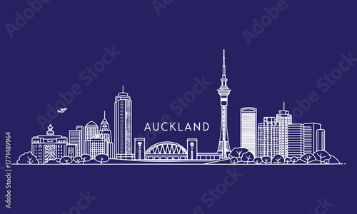 Auckland Skyline Sketch with Sky Tower, Harbour Bridge, and Cultural Māori Art Elements for Tourism and Souvenir Design