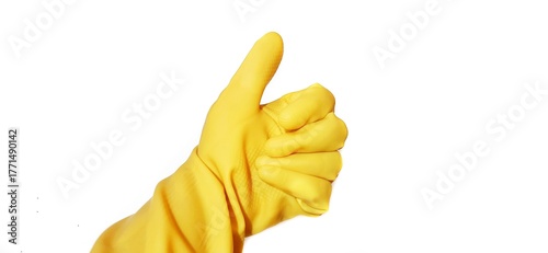 A human hand in yellow rubber gloves showing a gesture thumb up isolated on a white background