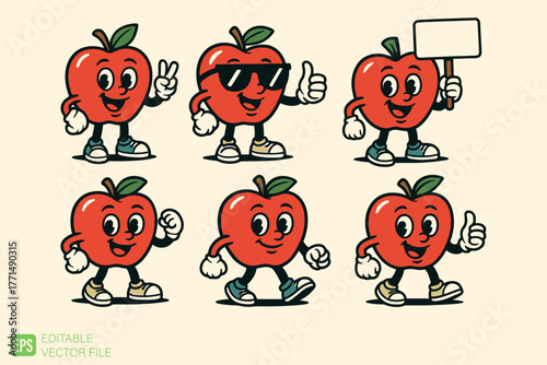 Set of Six Adorable Cartoon Apple Characters with Expressive Fac