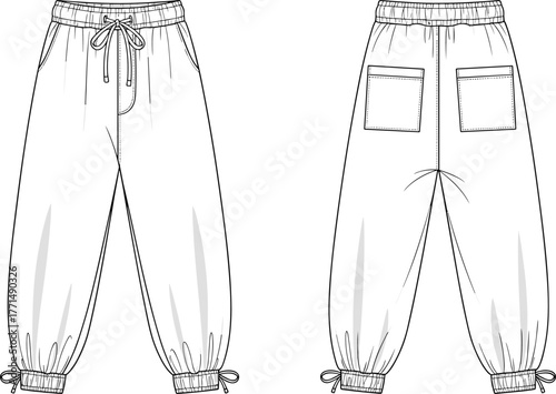 Fashion jogger pants front and back technical flat sketch with drawstring waistband and pockets, comfortable streetwear design, cad drawing flat vector illustration