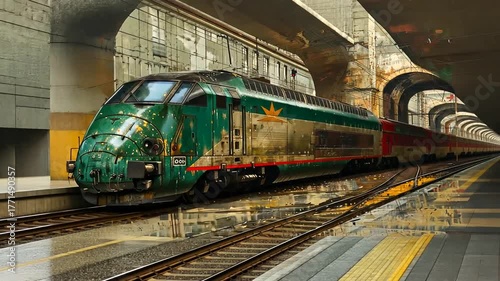 Vintage Train Station Scene with Classic Locomotive inside an underground tunnel