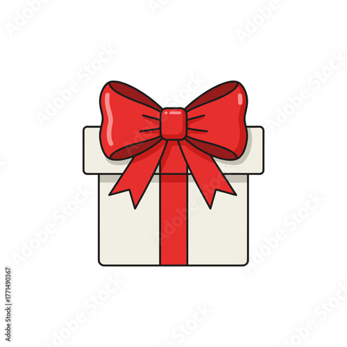 A white gift box with a red ribbon tied on top, perfect for celebrations and presents.