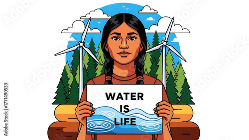 confident Indigenous Climate Activist Youth - Woman Holding 'WATER IS LIFE' Sign concept  Sustainable Future