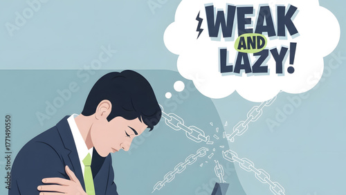 Mental Health Stigma   Feeling Weak and Lazy Workplace concept  Corporate Mental Health - Stigmatized Employee Chained by Self-Doubt
