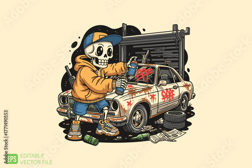 Skeleton Mechanic Spray Painting Old Car in Garage.