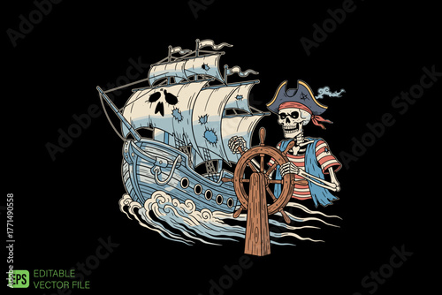 Pirate Skeleton Captain Steering a Ghost Ship on Rough Seas.
