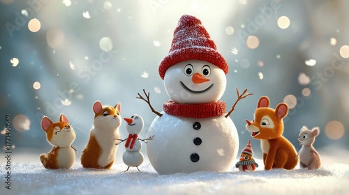 Cheerful snowman with adorable animals in snowy winter scene.