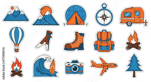 Adventure and Travel Sticker Set with Camping, Hiking, and Outdoor Icons