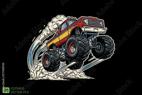 Powerful Monster Truck Jumping with Smoke Trail.