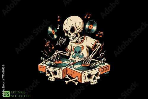 Cool Skeleton DJ Mixing Music on Turntables with Vinyl Records a