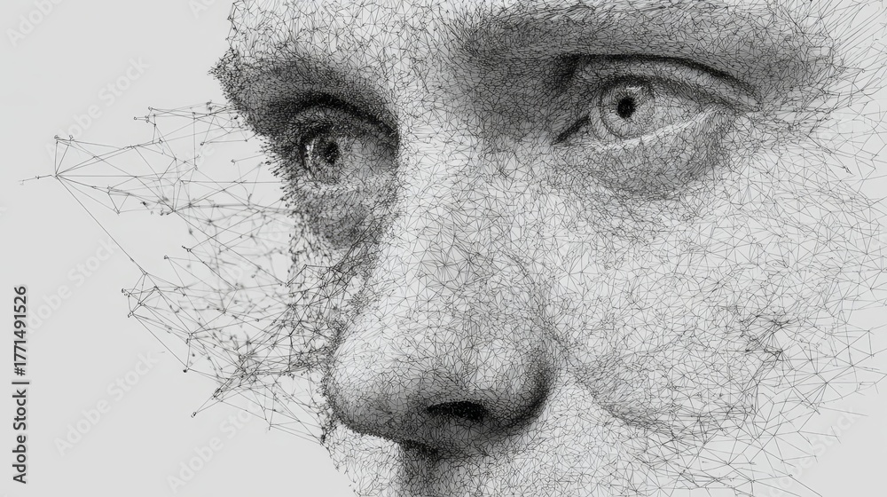 Naklejka premium Artificial intelligence creating lifelike human face using neural network technology