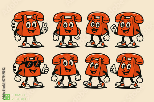 Collection of Retro Red Telephone Cartoon Characters with Variou
