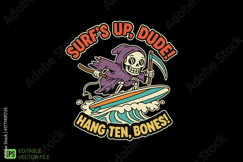 Grim Reaper Surfing with Scythe and Surfboard on a Wave.