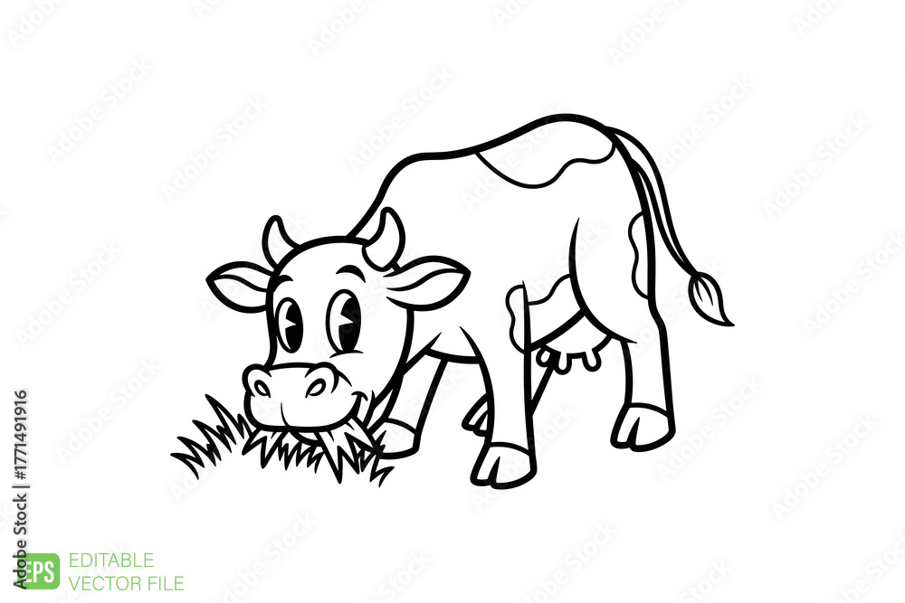 Fototapeta premium Cute Cartoon Cow Grazing on Grass Line Art Drawing.