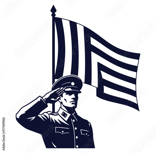 Patriotic military man saluting a flag representing honor and service symbolism