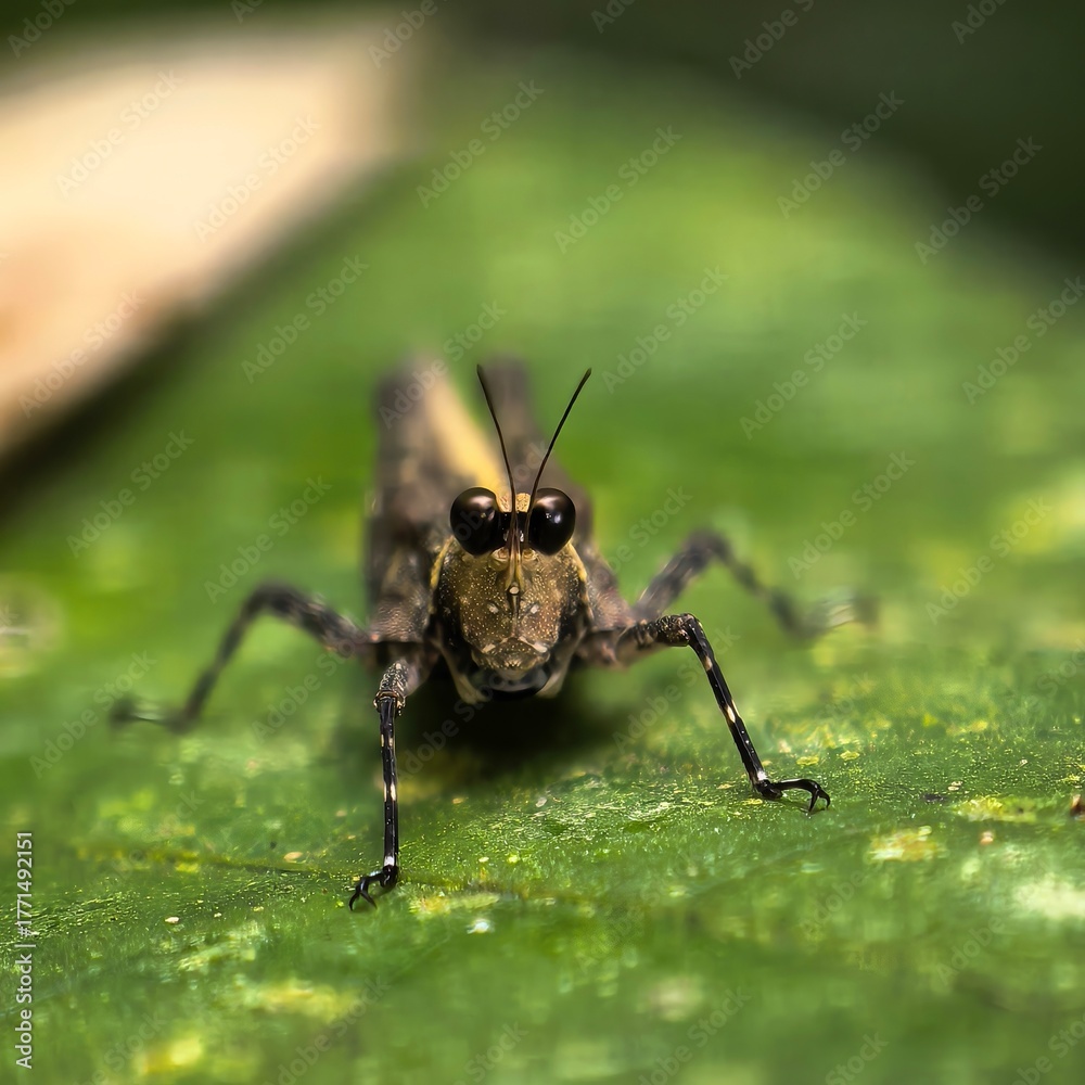 Fototapeta premium Grasshopper stares intently at viewer on leaf