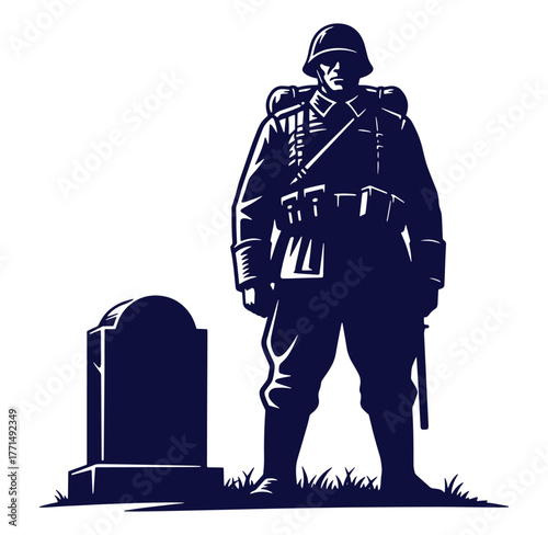 Silhouette illustration of a world war soldier standing beside a tombstone symbolizing remembrance