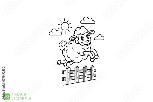 Cute cartoon sheep jumping over a fence in a playful manner.