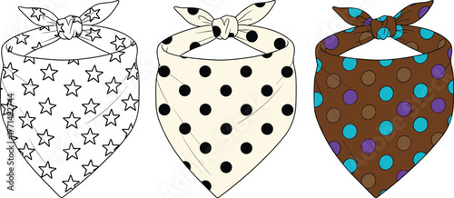 Bandana scarf CAD drawing flat vector illustration, fashion accessory design with star pattern and polka dot textile print template