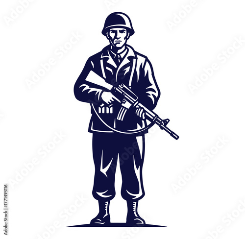 Vector illustration of a standing soldier wearing helmet and holding an assault rifle ready for combat