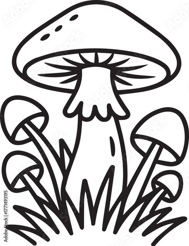 Line art illustration of mushrooms