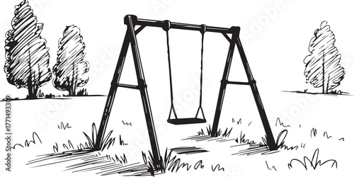 A sketch of a swing set in a park with trees in the background