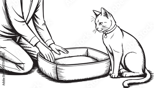 Person cleaning a cat litter box with a cat watching