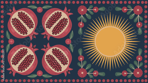 Pomegranate and sun motif on a dark blue background with decorative border