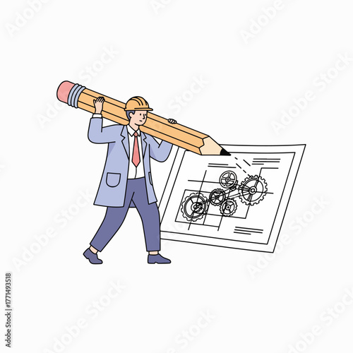 Engineer with a giant pencil drawing a mechanical project