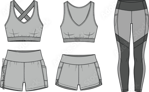 Sportswear set CAD drawing flat vector illustration, activewear technical fashion sketch of leggings, shorts, and sports bra design template