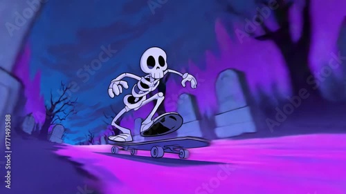 A playful skeleton skates through a spooky, colorful graveyard, surrounded by eerie trees and illuminated by vibrant purple hues, creating a whimsical Halloween scene.