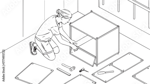 Woman assembling a small cube shelf with a power drill