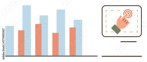 Data bar chart in blue and red tones paired with a hand tapping on a touchscreen. Ideal for data analysis, technology, online action, innovation, touch interface, comparison, simple flat metaphor