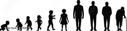 Human life stages silhouette, from crawling baby to elderly person with cane, growth evolution, aging process, family generation concept illustration.