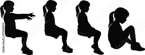 Little girl silhouette sitting, child pose variations, emotional expression, childhood moments, loneliness, sadness, relaxation, black and white vector illustration.
