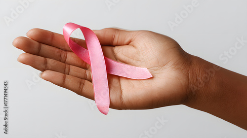 Woman’s Hand Holding Pink Breast Cancer Awareness Ribbon on White Background