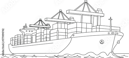 Massive cargo ship sailing at sea, loaded with shipping containers, industrial maritime freight, ocean transport, global logistics, export import, sea trade