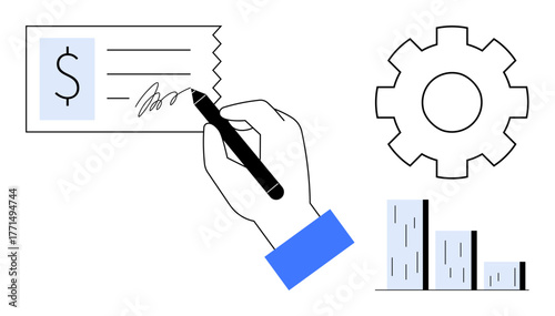 Hand signing payment check using pen, next to gear and bar chart elements. Ideal for payment, finance, business, workflow, analysis, management, and strategy themes in a simple flat metaphor