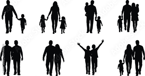 Family walking together silhouette set, parents and children holding hands design concept, black vector people icons, cad drawing flat vector illustration