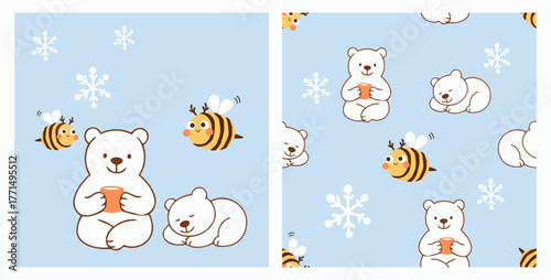 Cozy polar bears with honey bees and snowflakes on blue, cute winter seamless pattern.