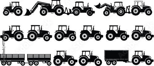 Agricultural tractors, farming vehicles, and trailers collection, black silhouette icons set, machinery equipment design, cad drawing flat vector illustration