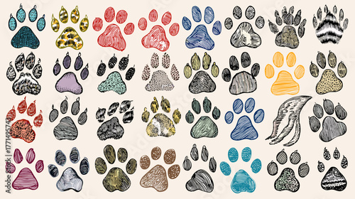 Various Paw Prints and Patterns of Different Animals on a Light Background